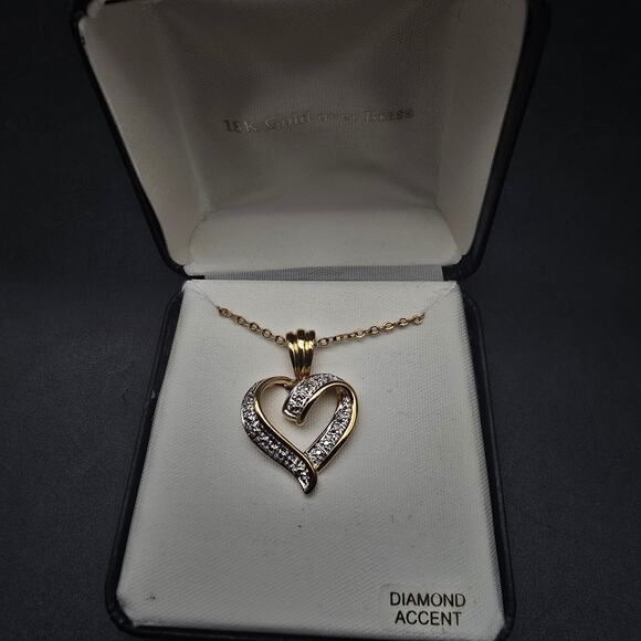 Diamond Chip Heart Pendant Necklace Gold Plated Chain In Box - Picture 1 of 12